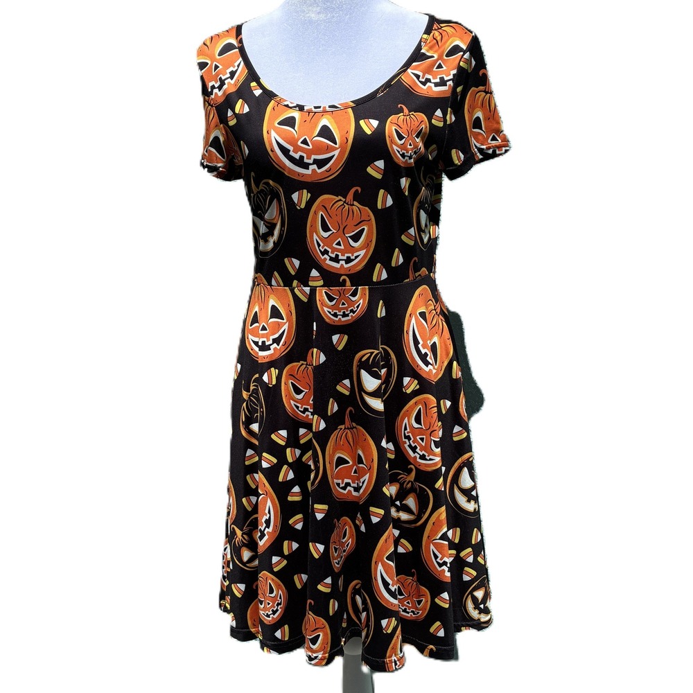 Fancyqube Halloween Pumpkin Candy Corn Skater Dress Black Orange Women Medium